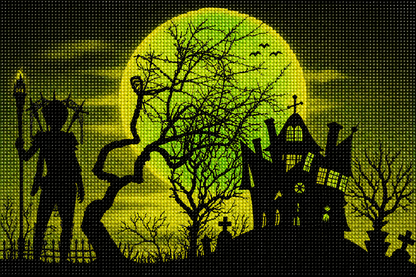 Headless Horseman &amp; Haunted Graveyard Diamond Painting Kit – completed 5D diamond art featuring a silhouette of the headless horseman on horseback holding a torch against a glowing toxic green moon, with gnarled bare trees, a crumbling haunted mansion, graveyard crosses, and bats circling overhead on a black background
