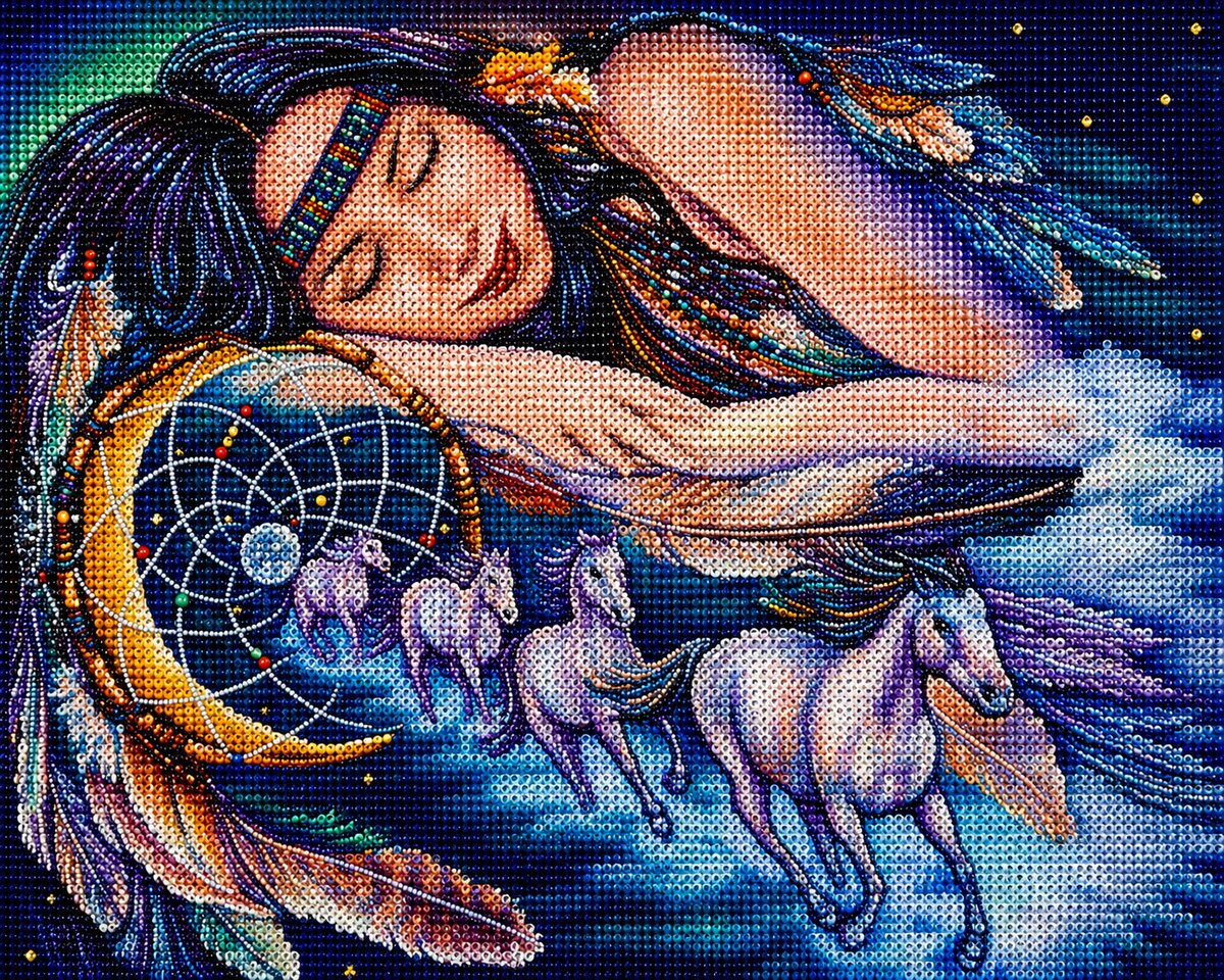 Finished Native American dreamer diamond painting with a sleeping woman resting on a golden dreamcatcher above running horses | Azurra Shop