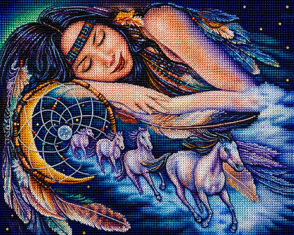 Finished Native American dreamer diamond painting with a sleeping woman resting on a golden dreamcatcher above running horses | Azurra Shop