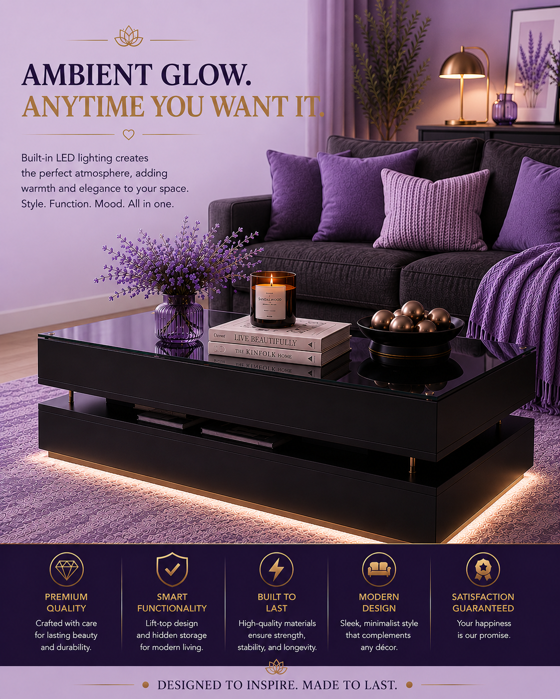 Lift-Top Coffee Table with LED Lights