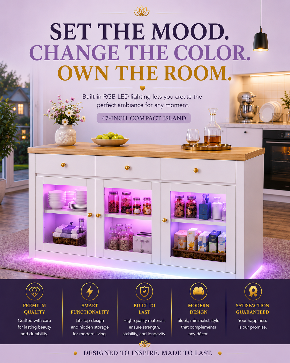 Extendable Kitchen Island with RGB LED Lights — White