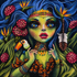 Mystic Goddess with Toucan & Butterflies Diamond Painting Kit – completed 5D diamond art featuring a mystical goddess with blue hair, golden crown, toucan companion, bird of paradise flowers, and monarch butterflies on a dark background
