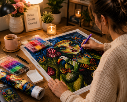 Mystic Goddess with Toucan &amp; Butterflies Diamond Painting Kit – woman placing diamond drills on mystic goddess canvas at cozy candlelit desk with 30-color diamond organizer, sorting tray, tweezers, tube packaging, and "Relax Create Unwind" sign in warm ambient lighting
