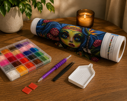Mystic Goddess with Toucan &amp; Butterflies Diamond Painting Kit – flat lay of kit contents on warm wood surface including rolled canvas in tube, 30-color diamond drill organizer, purple applicator pen, tweezers, wax pad, and two red wax squares beside a glowing candle
