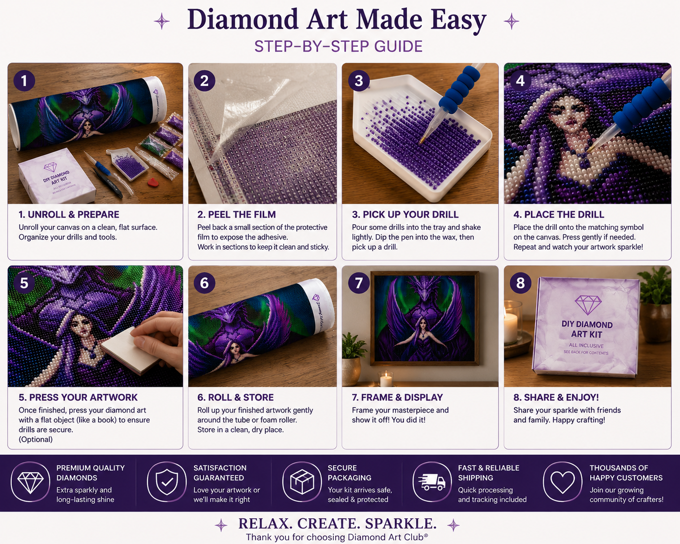 Purple Dragon Guardian &amp; Angel Diamond Painting Kit – 8-step Diamond Art Made Easy guide showing how to unroll and prepare, peel the film, pick up your drill, place the drill, press your artwork, roll and store, frame and display, and share and enjoy, with trust badges for premium quality diamonds, satisfaction guaranteed, secure packaging, fast and reliable shipping, and thousands of happy customers, and tagline "Relax. Create. Sparkle."

