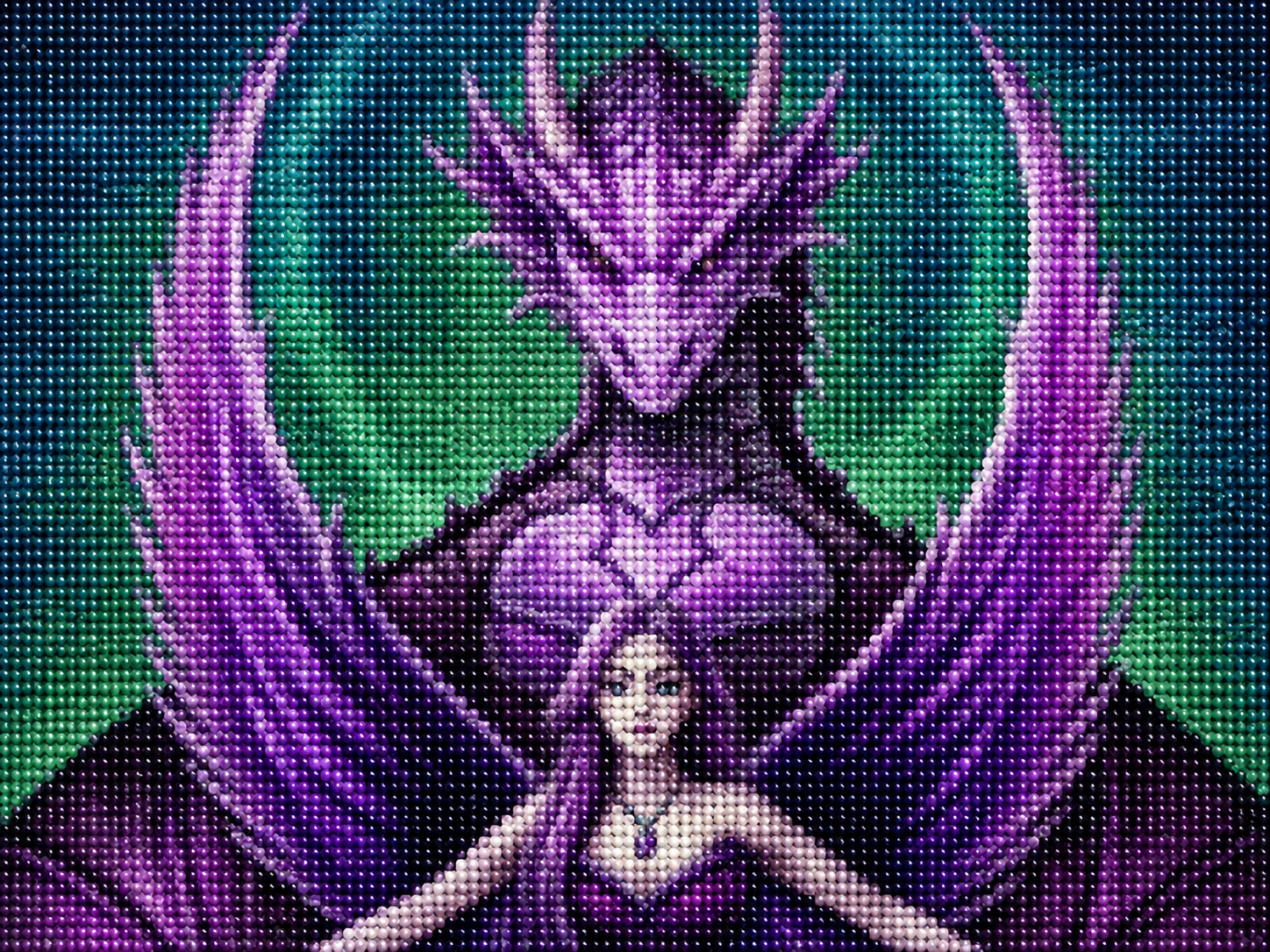 Purple Dragon Guardian &amp; Angel Diamond Painting Kit – completed  diamond art close-up featuring a pale dark-haired angel woman with outstretched arms beneath a massive purple dragon with spread wings against a glowing teal moonlit background
