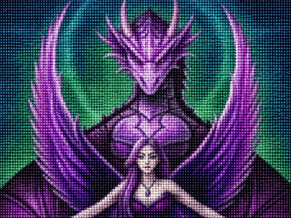 Purple Dragon Guardian &amp; Angel Diamond Painting Kit – completed  diamond art close-up featuring a pale dark-haired angel woman with outstretched arms beneath a massive purple dragon with spread wings against a glowing teal moonlit background

