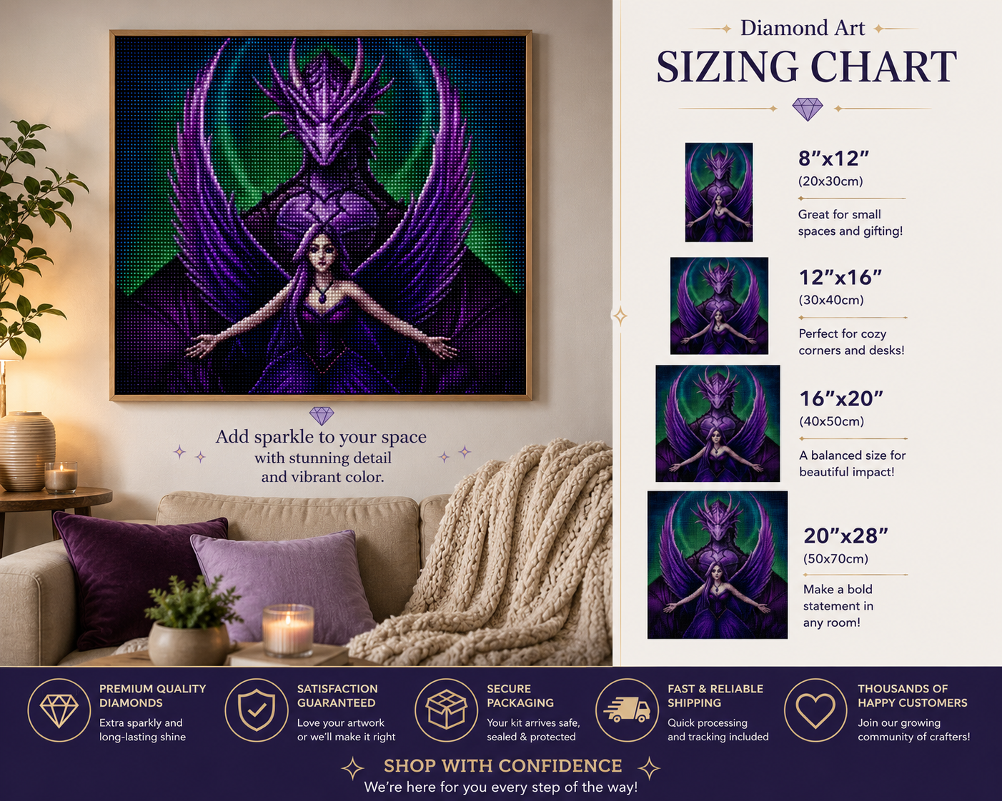 Purple Dragon Guardian &amp; Angel Diamond Painting Kit – framed diamond art displayed above living room sofa in four sizes: 8x12" (20x30cm), 12x16" (30x40cm), 16x20" (40x50cm), and 20x28" (50x70cm), with trust badges for premium quality diamonds, satisfaction guaranteed, secure packaging, fast and reliable shipping, and thousands of happy customers, and tagline "Shop With Confidence – We&
