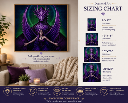 Purple Dragon Guardian &amp; Angel Diamond Painting Kit – framed diamond art displayed above living room sofa in four sizes: 8x12" (20x30cm), 12x16" (30x40cm), 16x20" (40x50cm), and 20x28" (50x70cm), with trust badges for premium quality diamonds, satisfaction guaranteed, secure packaging, fast and reliable shipping, and thousands of happy customers, and tagline "Shop With Confidence – We&