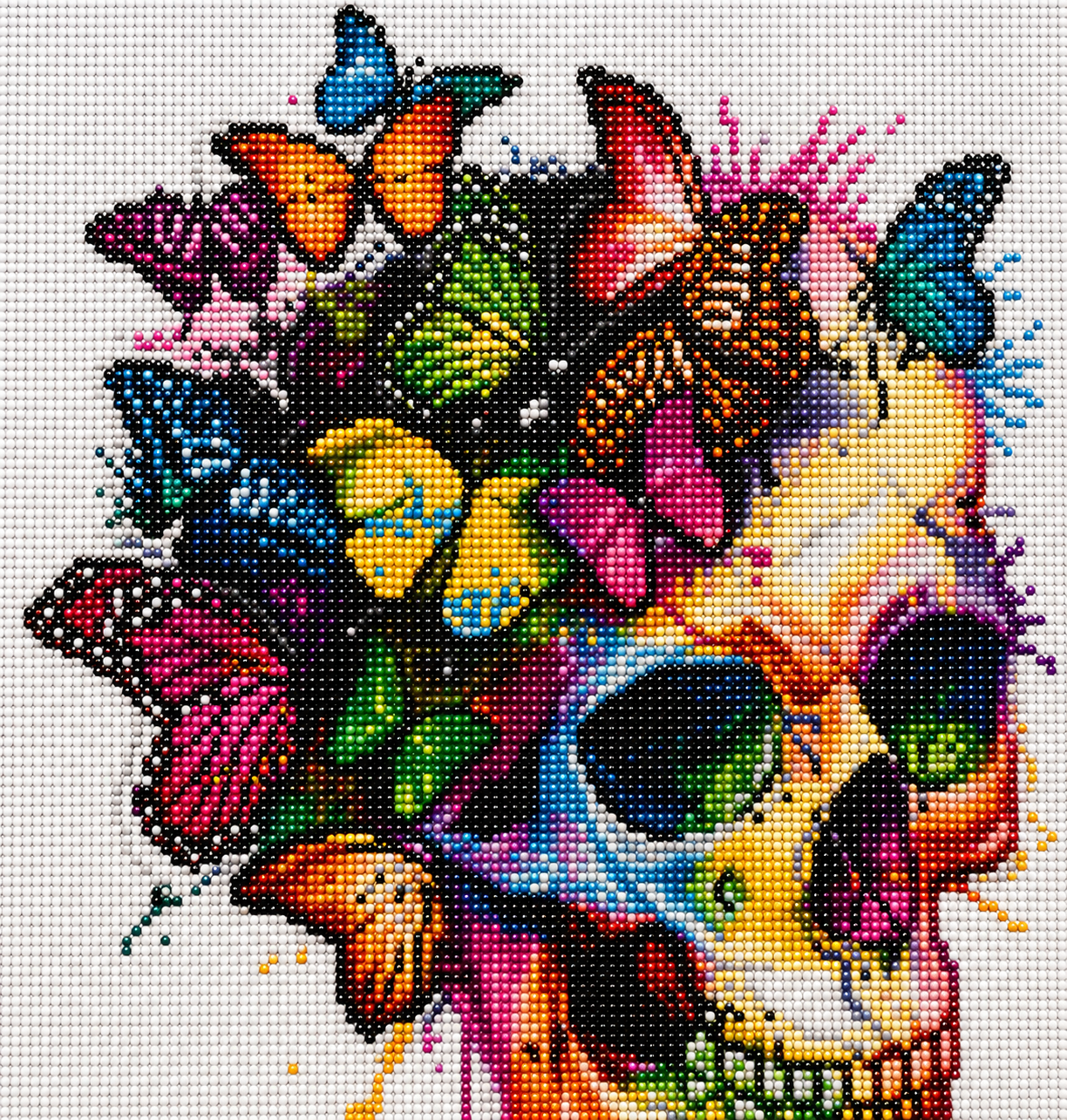 Rainbow Butterfly Skull Diamond Painting Kit – completed  diamond art close-up featuring a colorful skull covered in vibrant rainbow butterflies in orange, pink, teal, blue, green, and yellow with paint splatter accents on a white background
