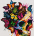 Rainbow Butterfly Skull Diamond Painting Kit – completed  diamond art close-up featuring a colorful skull covered in vibrant rainbow butterflies in orange, pink, teal, blue, green, and yellow with paint splatter accents on a white background
