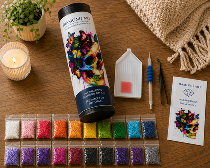 Rainbow Butterfly Skull Diamond Painting Kit – flat lay on warm wood surface showing canvas rolled in a Diamond Art tube labeled "All Inclusive Diamond Art Kit", 20 resealable diamond drill bags in a full rainbow spectrum including white, pink, red, orange, yellow, green, teal, blue, purple, and black, white grooved sorting tray, blue applicator pen, black tweezers, pink wax pad, and Diamond Art instructions booklet beside a glowing candle and trailing plant
