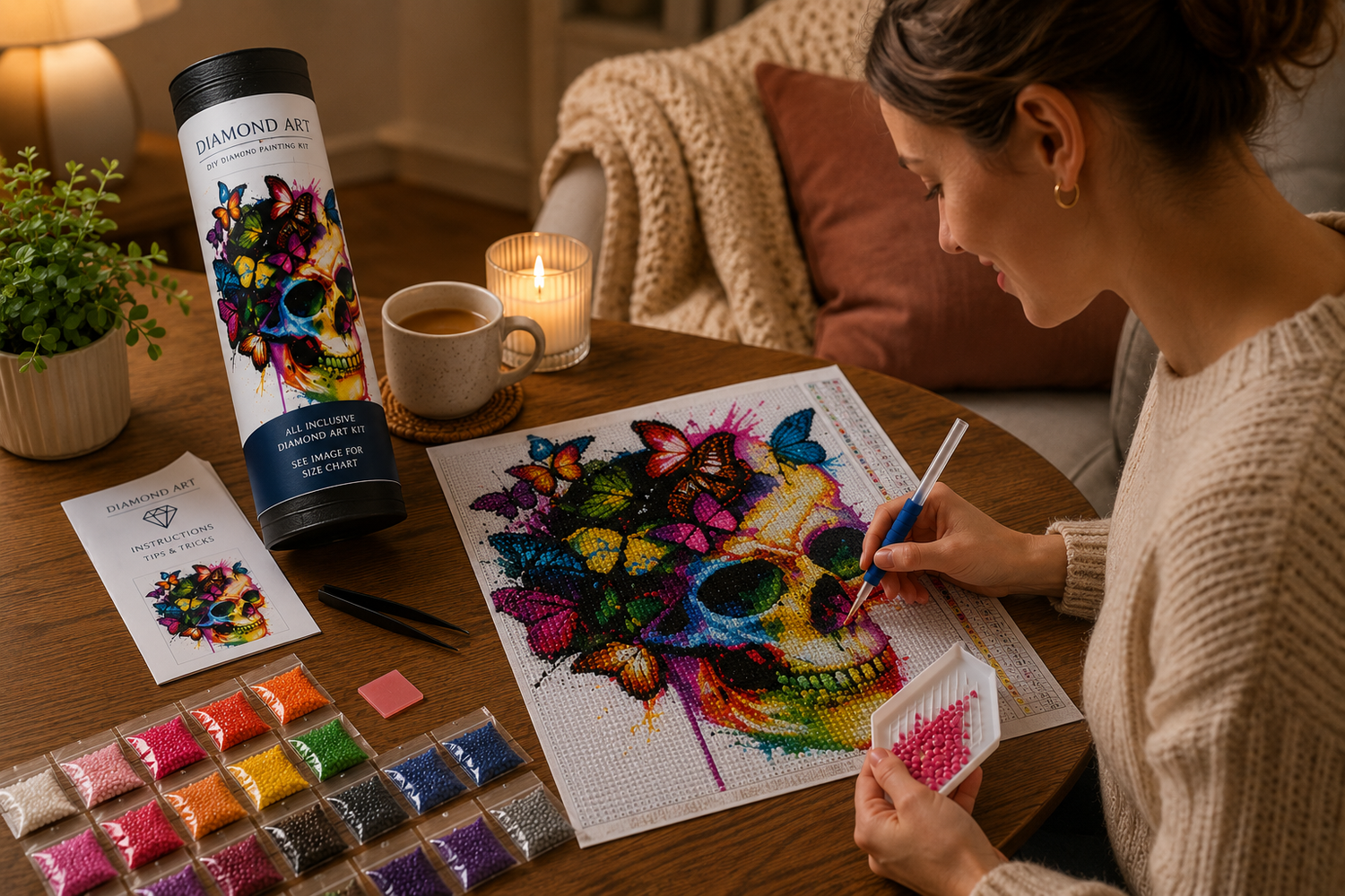 Rainbow Butterfly Skull Diamond Painting Kit – woman placing diamond drills on rainbow butterfly skull canvas at cozy candlelit wood table with Diamond Art tube, 20 sorted rainbow diamond drill bags, sorting tray, blue applicator pen, pink wax pad, black tweezers, instruction booklet, and a warm mug in soft ambient lighting

