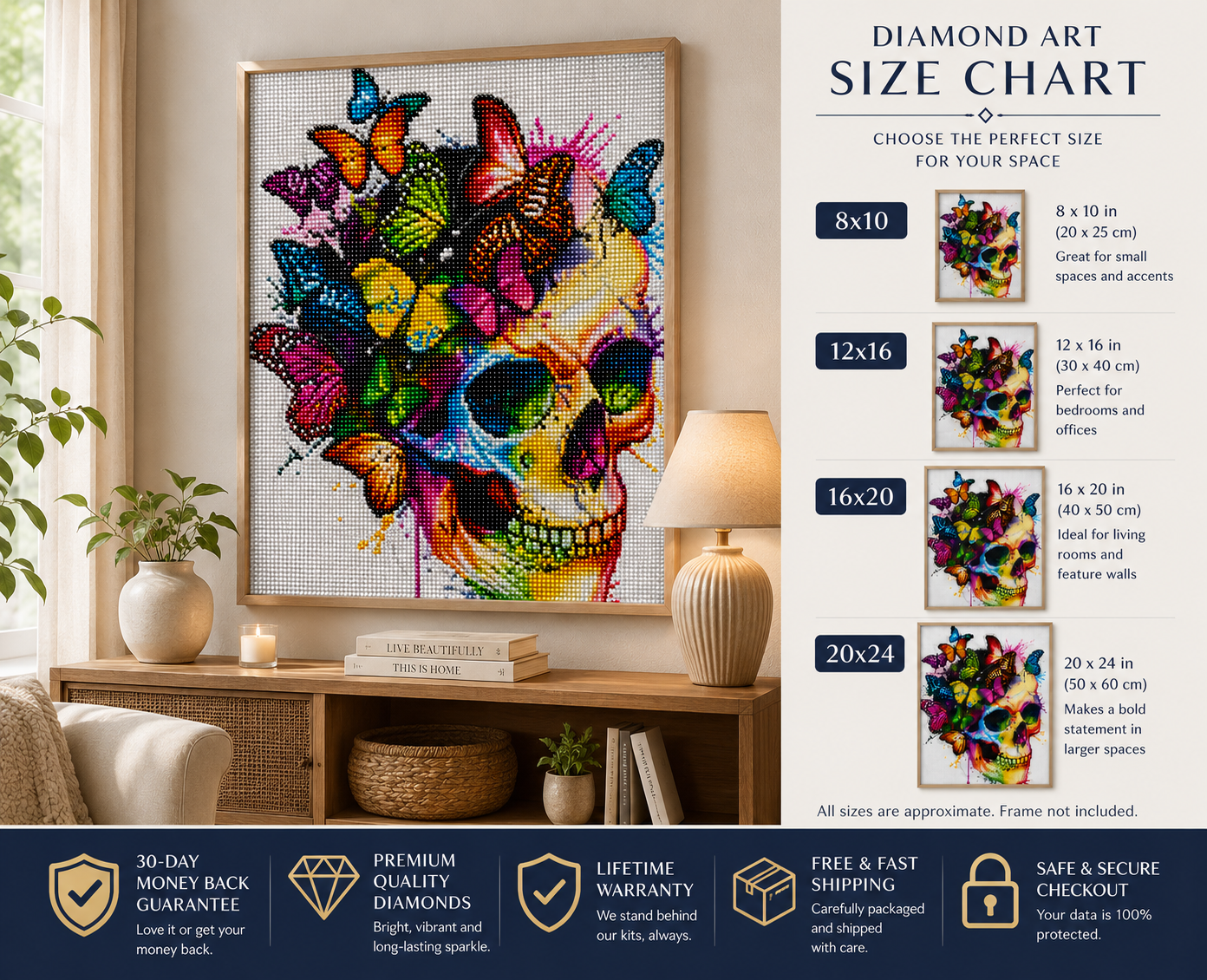 Rainbow Butterfly Skull Diamond Painting Kit – framed diamond art displayed on living room console in four sizes: 8x10" (20x25cm) great for small spaces, 12x16" (30x40cm) perfect for bedrooms and offices, 16x20" (40x50cm) ideal for living rooms and feature walls, and 20x24" (50x60cm) makes a bold statement in larger spaces, with trust badges for 30-day money back guarantee, premium quality diamonds, lifetime warranty, free and fast shipping, and safe and secure checkout

