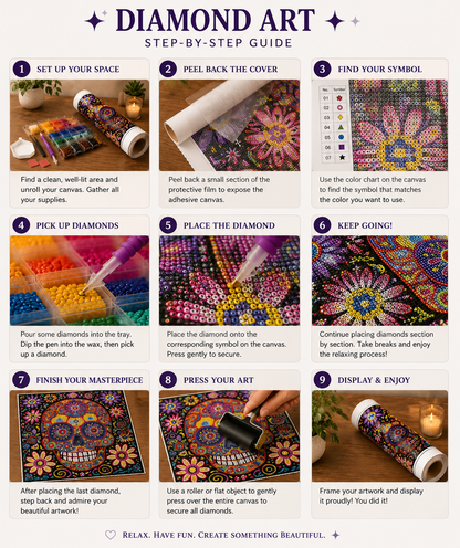 Rainbow Mandala Sugar Skull Diamond Painting Kit – 9-step diamond art guide showing how to set up your space, peel back the cover, find your symbol, pick up and place diamonds, keep going section by section, finish your masterpiece, press your art with a roller, and display and enjoy
