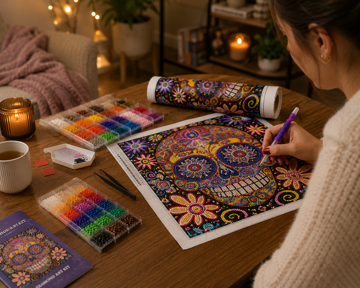 Rainbow Mandala Sugar Skull Diamond Painting Kit – woman placing diamond drills on colorful mandala sugar skull canvas at cozy candlelit table with 30-color diamond container, sorting tray, tweezers, wax pads, tube packaging, and instruction booklet in warm ambient lighting
