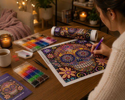 Rainbow Mandala Sugar Skull Diamond Painting Kit – woman placing diamond drills on colorful mandala sugar skull canvas at cozy candlelit table with 30-color diamond container, sorting tray, tweezers, wax pads, tube packaging, and instruction booklet in warm ambient lighting
