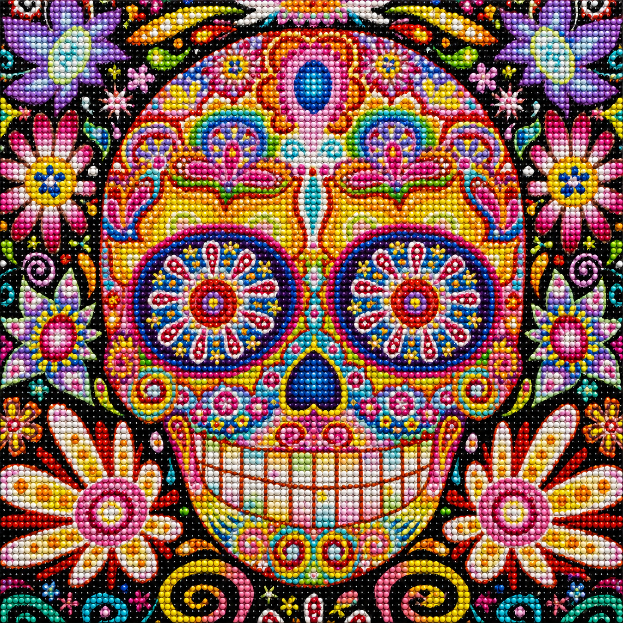 Rainbow Mandala Sugar Skull Diamond Painting Kit – completed 5D diamond art featuring a vibrant rainbow mandala sugar skull with intricate floral and swirl patterns on a black background
