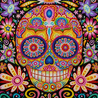 Rainbow Mandala Sugar Skull Diamond Painting Kit – completed 5D diamond art featuring a vibrant rainbow mandala sugar skull with intricate floral and swirl patterns on a black background
