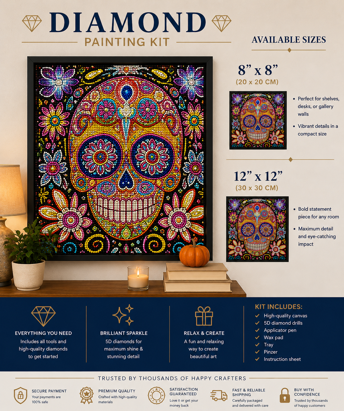 Rainbow Mandala Sugar Skull Diamond Painting Kit – framed diamond art displayed on living room console with size chart showing 8x8" and 12x12" options, kit includes callouts, and trust badges including secure payment, premium quality, satisfaction guarantee, and fast shipping
