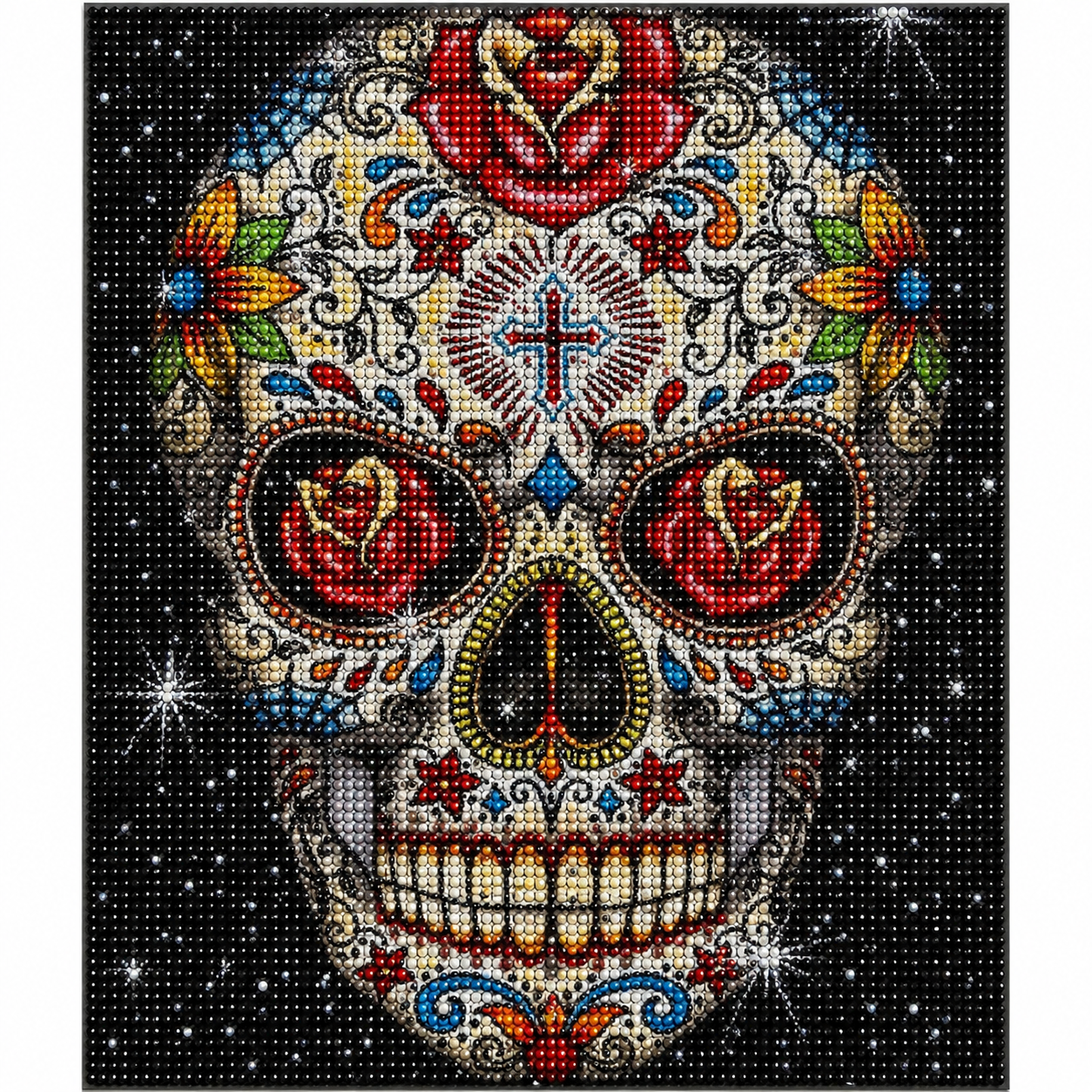 Rose Eye Sugar Skull Diamond Painting Kit – completed diamond art featuring a colorful Day of the Dead skull with red roses, cross motif, and sparkling black background


