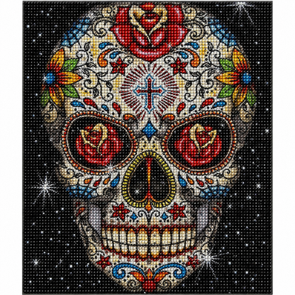 Rose Eye Sugar Skull Diamond Painting Kit – completed diamond art featuring a colorful Day of the Dead skull with red roses, cross motif, and sparkling black background


