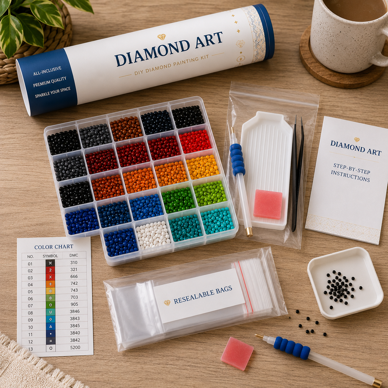 Rose Eye Sugar Skull Diamond Painting Kit – all-inclusive kit contents including diamond drill tray, applicator pen, tweezers, wax pad, resealable bags, color chart, and step-by-step instructions
s

