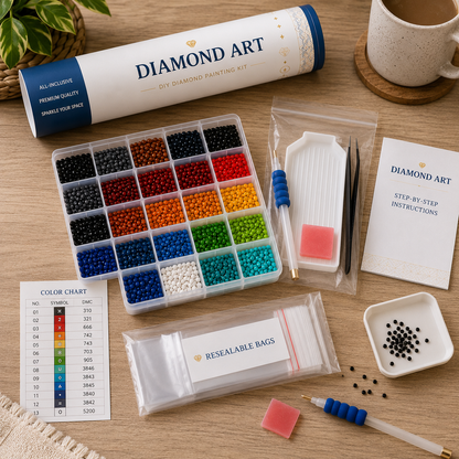 Rose Eye Sugar Skull Diamond Painting Kit – all-inclusive kit contents including diamond drill tray, applicator pen, tweezers, wax pad, resealable bags, color chart, and step-by-step instructions
s


