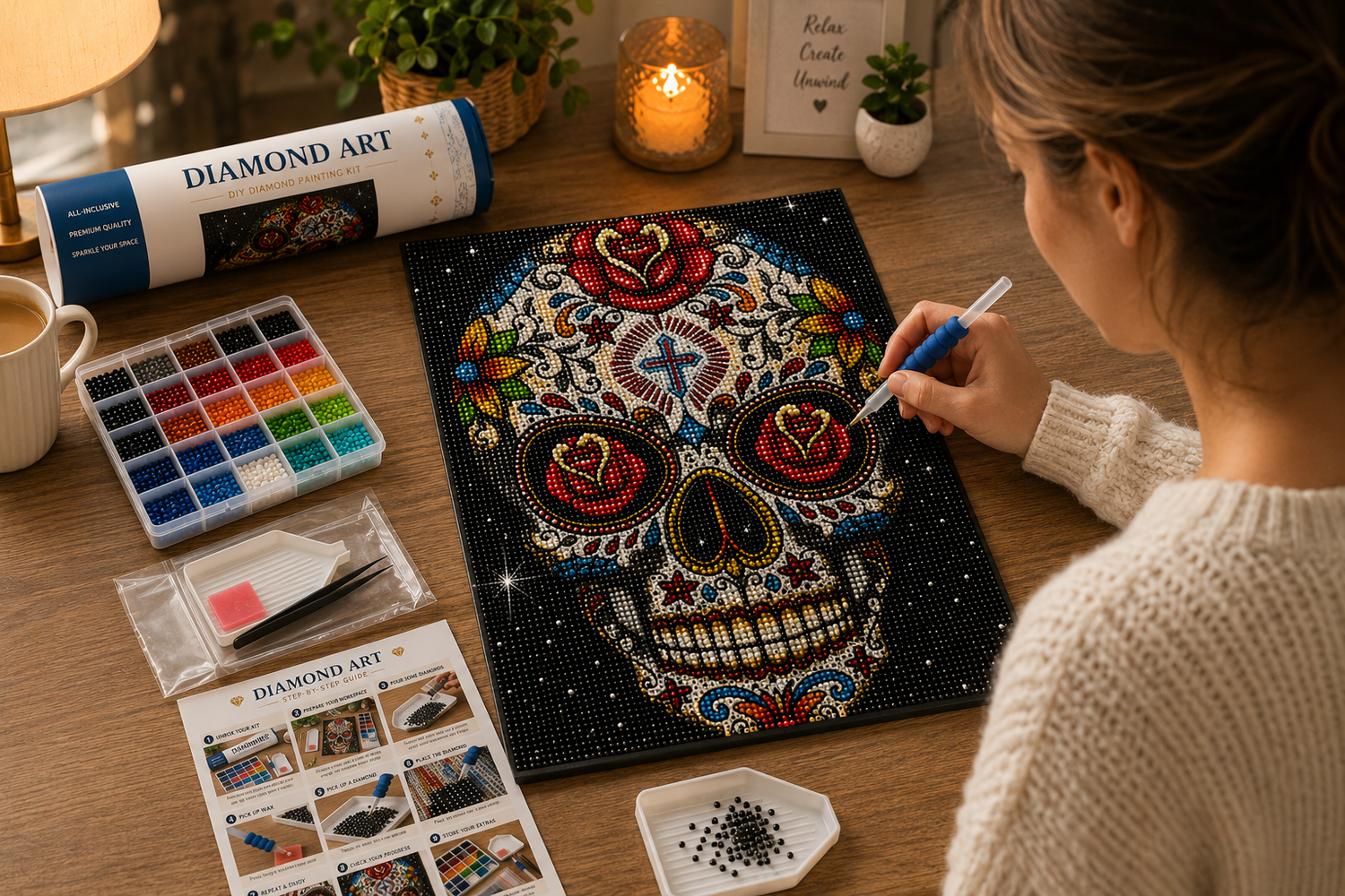 Rose Eye Sugar Skull Diamond Painting Kit – woman placing diamond drills on canvas at cozy desk with kit supplies, instruction guide, and candle in background
