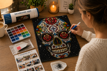 Rose Eye Sugar Skull Diamond Painting Kit – woman placing diamond drills on canvas at cozy desk with kit supplies, instruction guide, and candle in background
