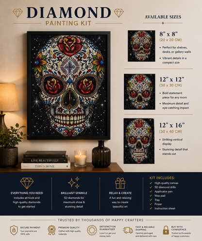 Rose Eye Sugar Skull Diamond Painting Kit – framed diamond art displayed on living room console in three sizes: 8x8" (20x20cm), 12x12" (30x30cm), and 12x16" (30x40cm), with kit includes callouts and trust badges for secure payment, premium quality, satisfaction guarantee, fast shipping, and buy with confidence
