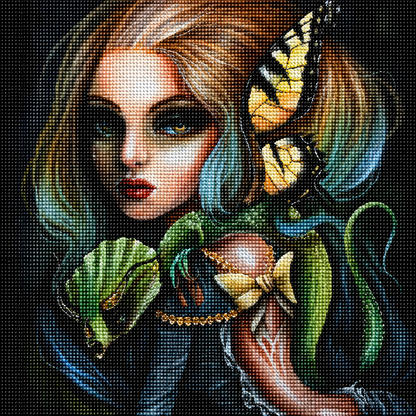 Serpent Butterfly Enchantress Diamond Painting Kit – completed  diamond art featuring a pale enchantress with dark eyes, golden serpent necklace, yellow swallowtail butterfly, and lush tropical leaves on a dark background

