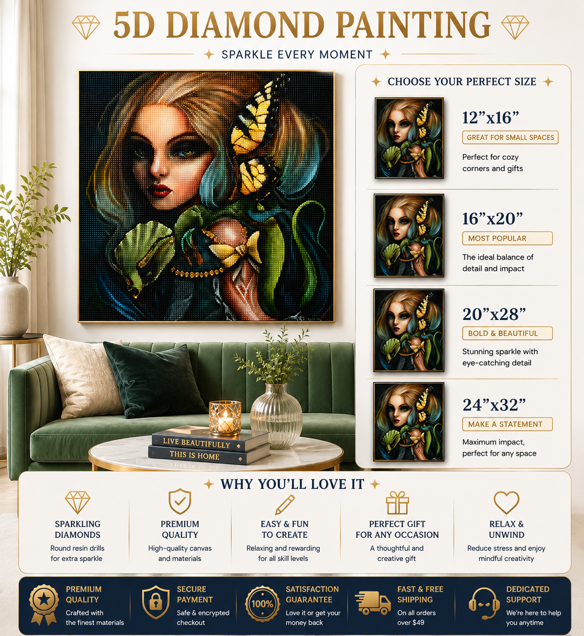 Serpent &amp; Butterfly Enchantress Diamond Painting Kit – large framed diamond art of the enchantress displayed above a green velvet sofa with cream and dark green pillows, gold coffee table with glass vase, candle, and stacked books reading "Live Beautifully" and "This Is Home", with size chart showing 12"x16" great for small spaces and perfect for cozy corners and gifts, 16"x20" most popular and the ideal balance of detail and impact, 20"x28" bold and beautiful with stunning sparkle and eye-catching detail, 