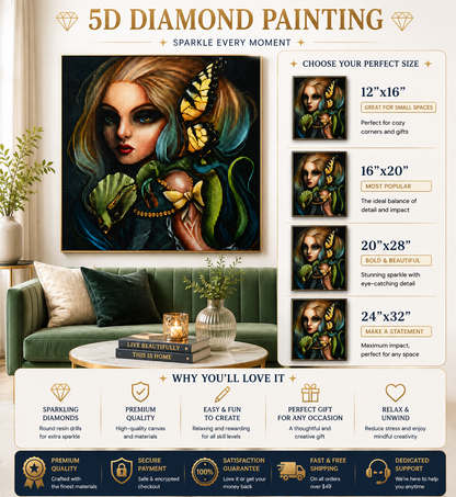 Serpent &amp; Butterfly Enchantress Diamond Painting Kit – large framed diamond art of the enchantress displayed above a green velvet sofa with cream and dark green pillows, gold coffee table with glass vase, candle, and stacked books reading "Live Beautifully" and "This Is Home", with size chart showing 12"x16" great for small spaces and perfect for cozy corners and gifts, 16"x20" most popular and the ideal balance of detail and impact, 20"x28" bold and beautiful with stunning sparkle and eye-catching detail, 
