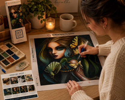 Serpent &amp; Butterfly Enchantress Diamond Painting Kit – woman in cream knit sweater placing diamond drills on large enchantress canvas at warm candlelit wood desk with Do What Makes You Sparkle Diamond Art Club branding on canvas border, DIY Diamond Art Kit box showing enchantress design, two 12-compartment organizer trays in gold, teal, green, and black tones, white sorting tray with mixed drills, blue grip applicator pen, Step-by-Step instruction sheet, white ceramic mug with coffee, tall glass candle, and