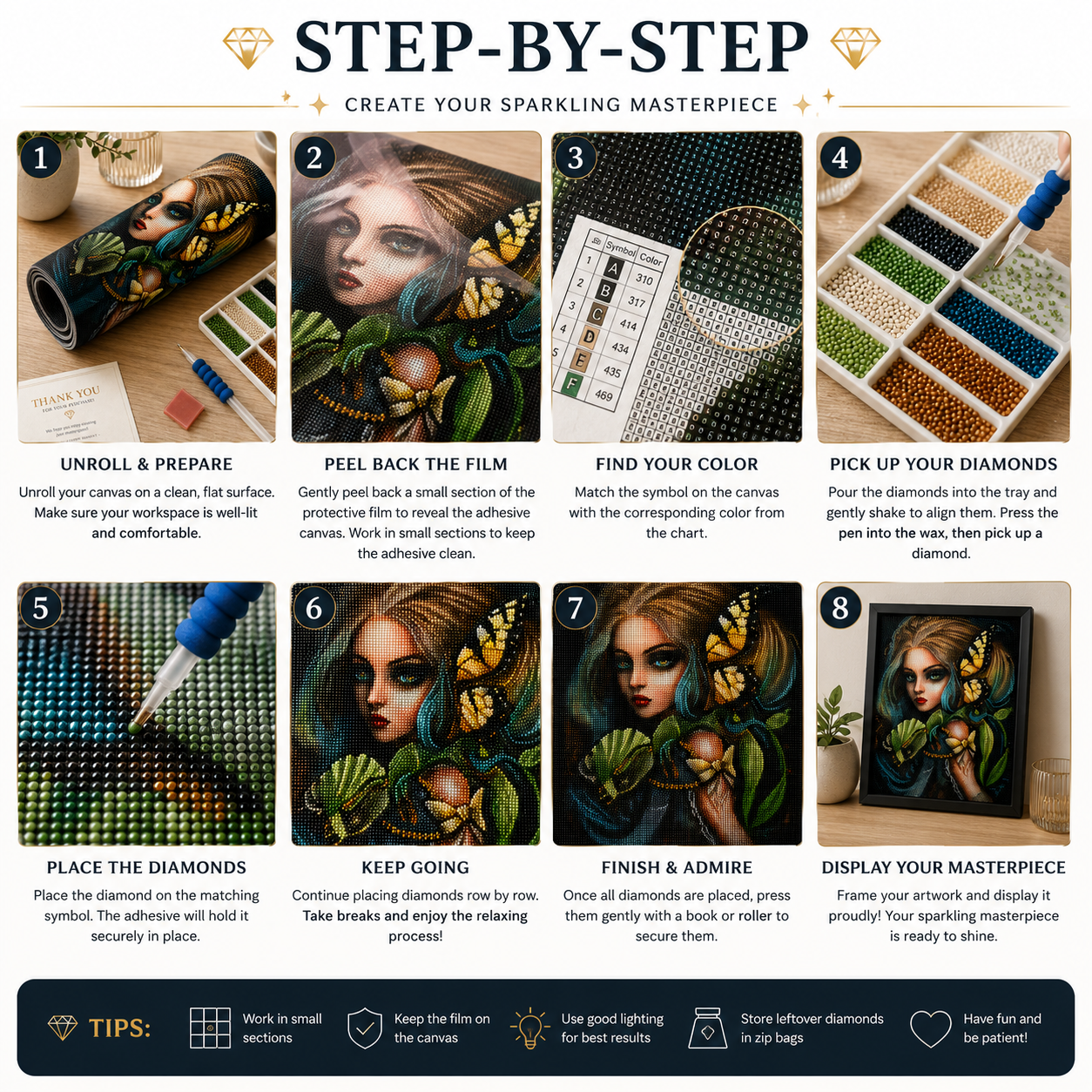 Serpent &amp; Butterfly Enchantress Diamond Painting Kit – 8-step Step-by-Step Create Your Sparkling Masterpiece guide showing step 1 unroll and prepare by unrolling canvas on a clean flat surface and making sure workspace is well-lit and comfortable, step 2 peel back the film by gently peeling back a small section of the protective film to reveal the adhesive canvas and working in small sections to keep the adhesive clean, step 3 find your color by matching the symbol on the canvas with the corresponding color