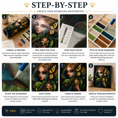 Serpent &amp; Butterfly Enchantress Diamond Painting Kit – 8-step Step-by-Step Create Your Sparkling Masterpiece guide showing step 1 unroll and prepare by unrolling canvas on a clean flat surface and making sure workspace is well-lit and comfortable, step 2 peel back the film by gently peeling back a small section of the protective film to reveal the adhesive canvas and working in small sections to keep the adhesive clean, step 3 find your color by matching the symbol on the canvas with the corresponding color