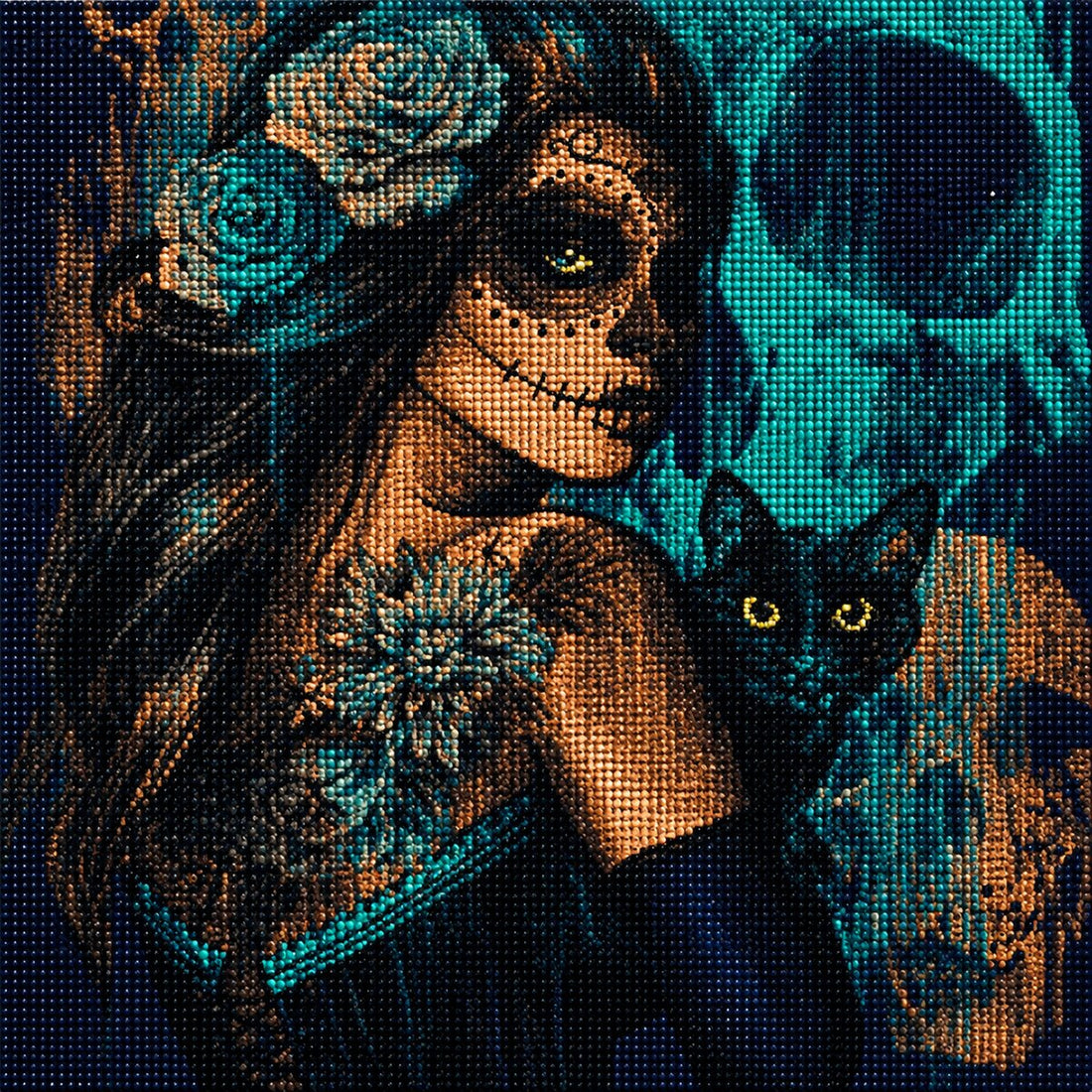 Close up of the finished sugar skull woman diamond painting holding a black cat with a glowing teal skull in the background | Azurra Shop