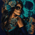 Close up of the finished sugar skull woman diamond painting holding a black cat with a glowing teal skull in the background | Azurra Shop