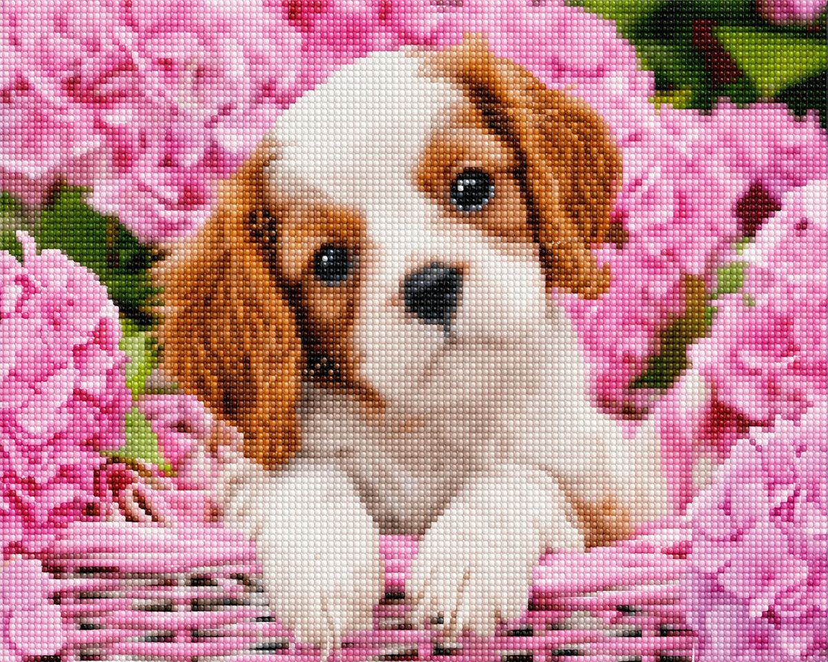 Close up of the finished spaniel puppy in pink flowers diamond painting | Azurra Shop