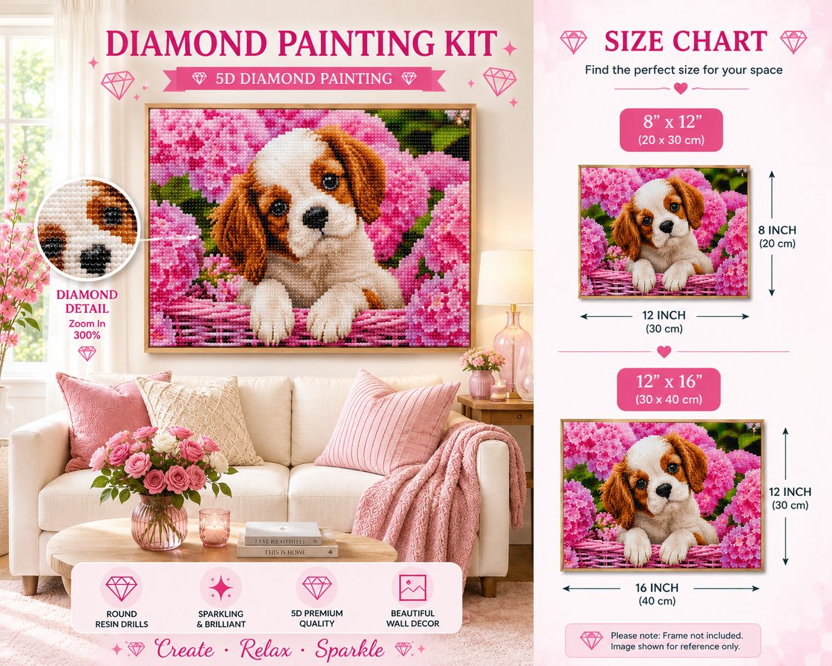 Framed spaniel puppy diamond painting displayed with size options | Azurra Shop