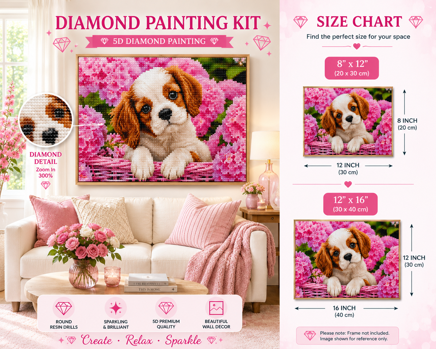 Cavalier King Charles Spaniel puppy in pink flower basket diamond painting kit combo — full drill DIY art — Azurra Shop