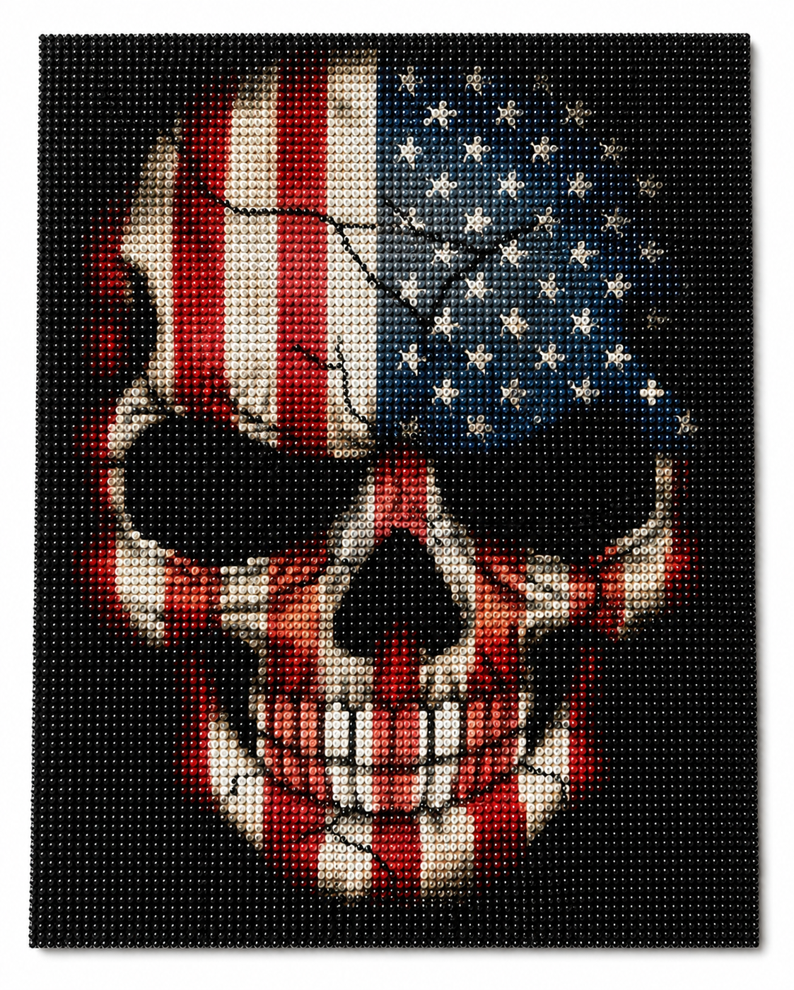 Stars &amp; Stripes Skull Diamond Painting Kit – completed 5D diamond art close-up featuring a bold skull overlaid with the American flag design in red, white, and navy blue with white stars on a black background
