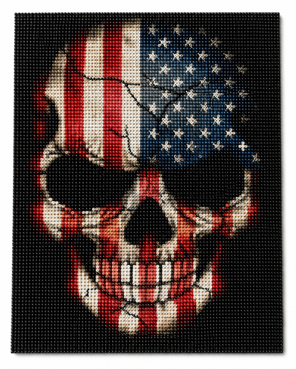 Stars &amp; Stripes Skull Diamond Painting Kit – completed 5D diamond art close-up featuring a bold skull overlaid with the American flag design in red, white, and navy blue with white stars on a black background
