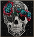Steampunk Rose Crown Skull Diamond Painting Kit – completed 5D diamond art close-up featuring a detailed white sugar skull with intricate black filigree patterns, a Roman numeral clock face on the forehead, and a lush crown of teal and red roses on a black starry background

