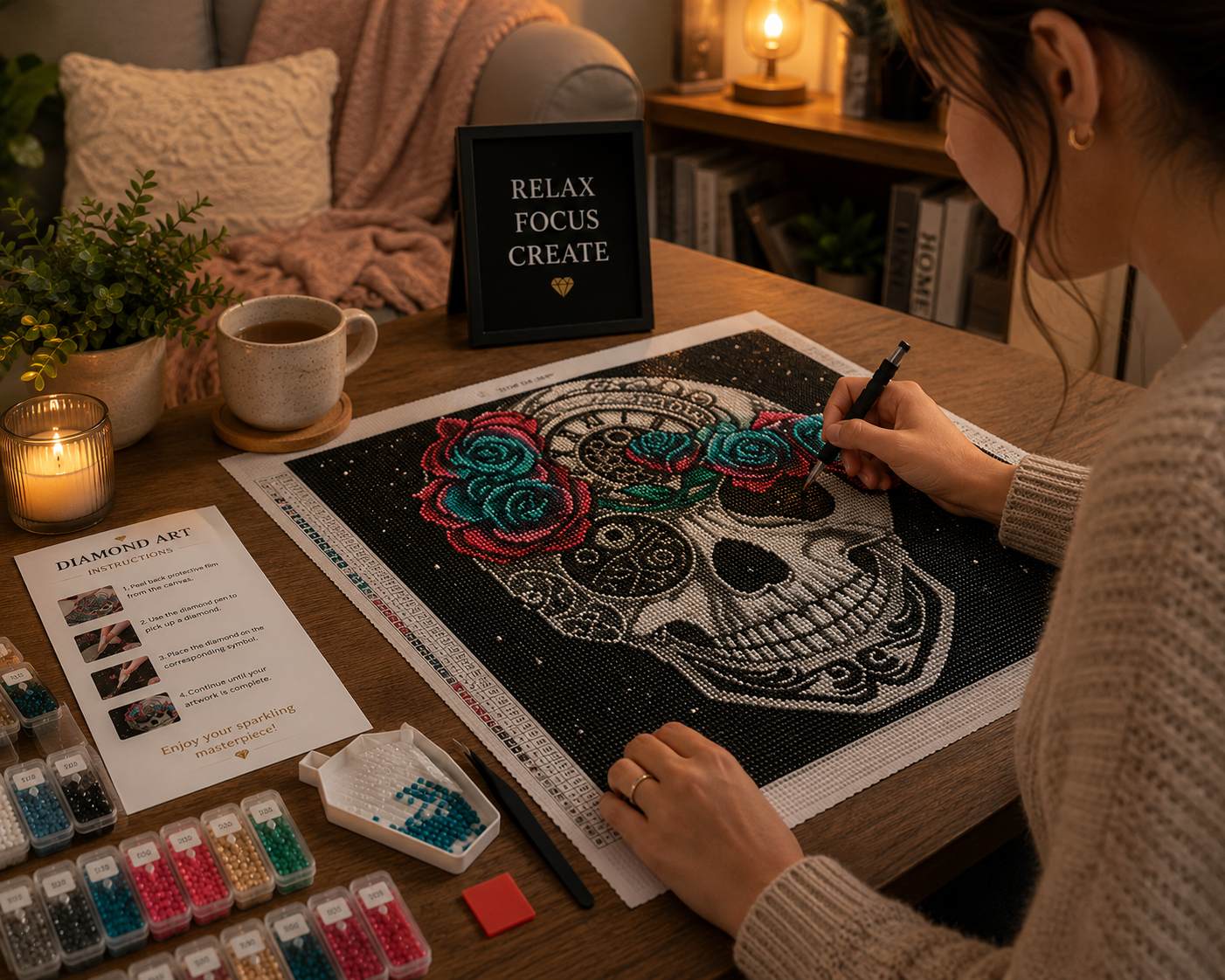 Steampunk Rose Crown Skull Diamond Painting Kit – woman in cozy knit sweater placing diamond drills on large steampunk rose crown skull canvas at warm candlelit wood table with Diamond Art instructions card, 17 labeled diamond drill containers in teal, red, pink, black, and white tones, white sorting tray with teal drills, red wax pad, black applicator pen, tea mug, candle, potted plant, and "Relax Focus Create" framed sign in soft amber evening lighting
