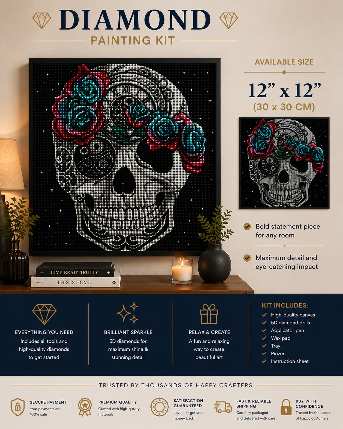 Steampunk Rose Crown Skull Diamond Painting Kit – framed 12"x12" (30x30cm) diamond art of the steampunk rose crown skull displayed on a wood console with stacked books, candle, black vase, and potted plant, with a smaller framed reference image, callouts for bold statement piece for any room and maximum detail and eye-catching impact, kit includes list of high-quality canvas, 5D diamond drills, applicator pen, wax pad, tray, pinzer, and instruction sheet, and trust badges for secure payment, premium quality