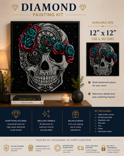 Steampunk Rose Crown Skull Diamond Painting Kit – framed 12"x12" (30x30cm) diamond art of the steampunk rose crown skull displayed on a wood console with stacked books, candle, black vase, and potted plant, with a smaller framed reference image, callouts for bold statement piece for any room and maximum detail and eye-catching impact, kit includes list of high-quality canvas, 5D diamond drills, applicator pen, wax pad, tray, pinzer, and instruction sheet, and trust badges for secure payment, premium quality