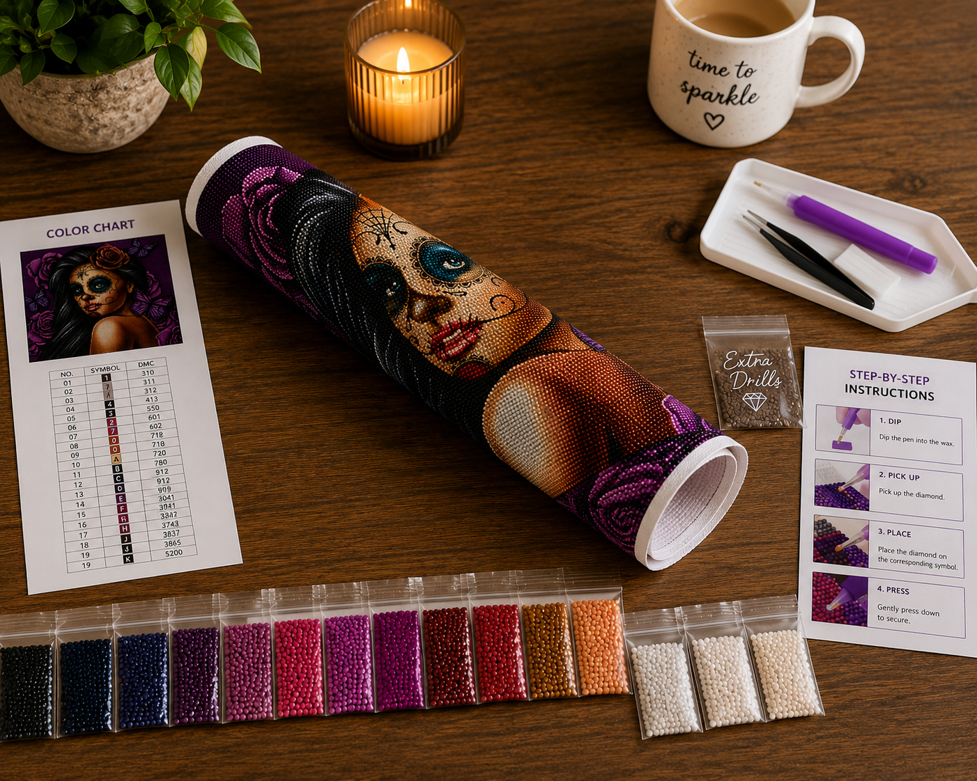 Sugar Skull Beauty with Purple Roses Diamond Painting Kit – 7-step diamond painting guide showing how to prepare your area, prepare your tools, pick up a diamond, place the diamond, repeat and enjoy, press your art, and display and enjoy, with kit contents including canvas, diamonds, applicator, wax, and tray
