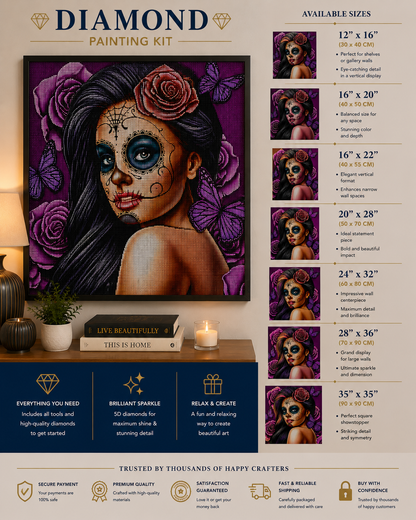 Sugar Skull Beauty with Purple Roses Diamond Painting Kit – framed diamond art displayed on living room console in seven sizes: 12x16", 16x20", 16x22", 20x28", 24x32", 28x36", and 35x35", with kit includes callouts and trust badges for secure payment, premium quality, satisfaction guarantee, fast shipping, and buy with confidence
